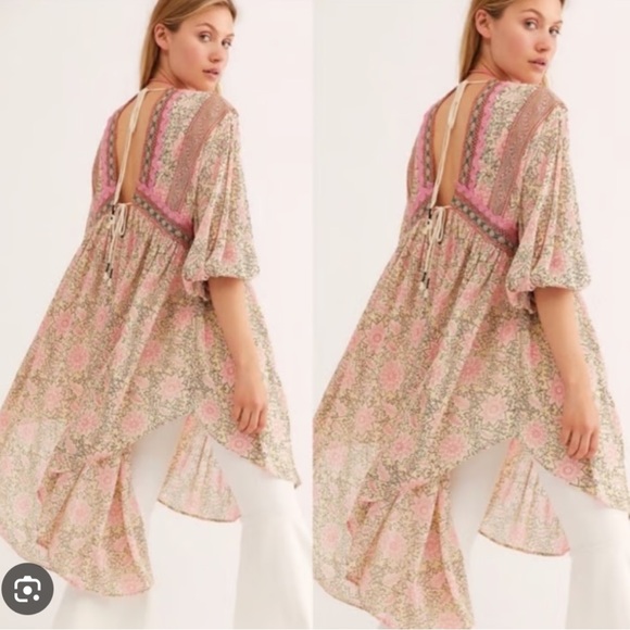 Free People Tops - Free People Moon Child Pink and Cream Floral Tunic Maxi Top Boho Medium